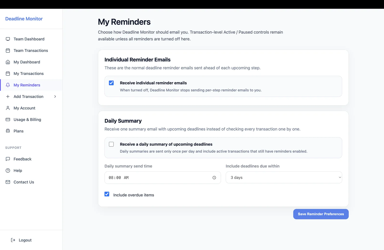 Deadline Monitor reminder preferences, including individual reminder emails and a daily summary.