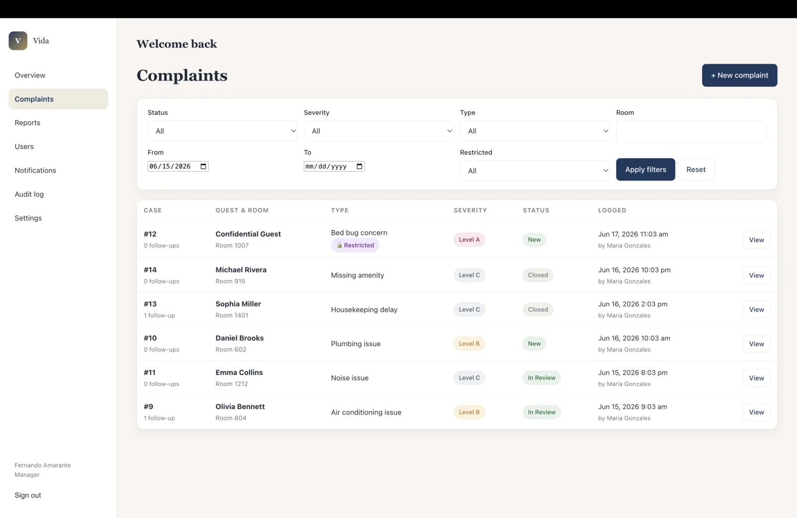 MyHotelCare case list showing guest concerns, status, and assigned responsibility.